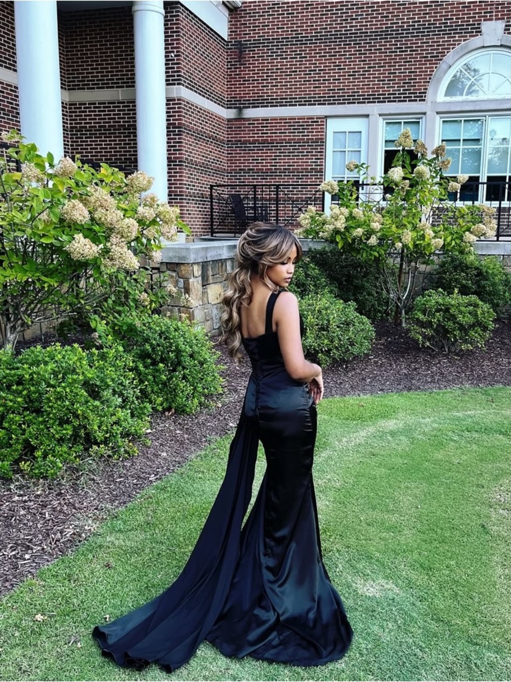 Black Satin Formal Evening Dress with Train